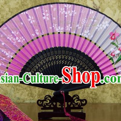Traditional Chinese Handmade Crafts Two-segment Folding Fan, China Printing Flowers Sensu Pink Silk Fan Hanfu Fans for Women