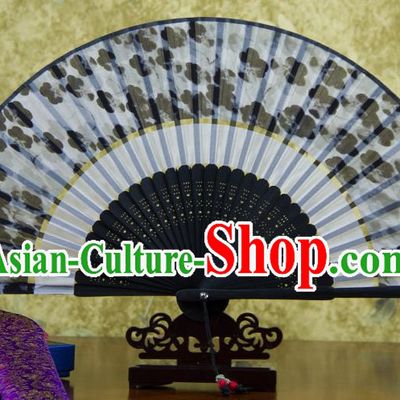 Traditional Chinese Handmade Crafts Two-segment Folding Fan, China Printing Flowers Sensu Black Silk Fan Hanfu Fans for Women
