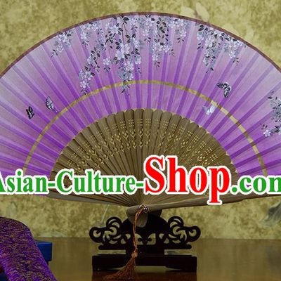 Traditional Chinese Handmade Crafts Two-segment Folding Fan, China Printing Flowers Sensu Lilac Silk Fan Hanfu Fans for Women