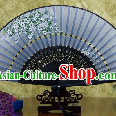 Traditional Chinese Handmade Crafts Two-segment Folding Fan, China Printing Flowers Sensu Blue Silk Fan Hanfu Fans for Women