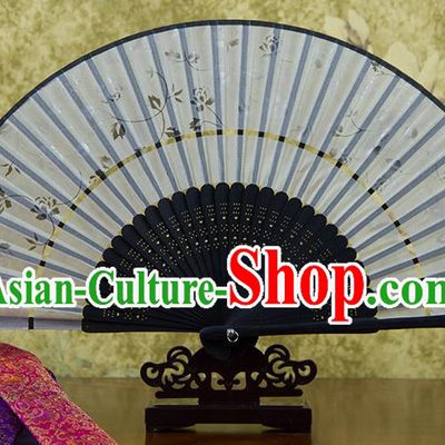Traditional Chinese Handmade Crafts Two-segment Folding Fan, China Printing Flowers Sensu Grey Silk Fan Hanfu Fans for Women