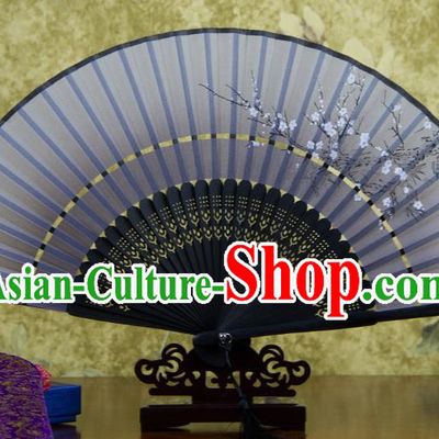 Traditional Chinese Handmade Crafts Two-segment Folding Fan, China Printing Plum Blossom Sensu Grey Silk Fan Hanfu Fans for Women