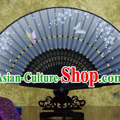 Traditional Chinese Handmade Crafts Two-segment Folding Fan, China Printing Butterfly Sensu Blue Silk Fan Hanfu Fans for Women