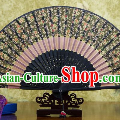 Traditional Chinese Handmade Crafts Two-segment Folding Fan, China Printing Flowers Sensu Black Silk Fan Hanfu Fans for Women