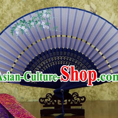 Traditional Chinese Handmade Crafts Two-segment Folding Fan, China Printing Flowers Sensu Blue Silk Fan Hanfu Fans for Women