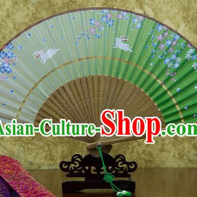 Traditional Chinese Handmade Crafts Two-segment Folding Fan, China Printing Flowers Rabbit Sensu Green Silk Fan Hanfu Fans for Women