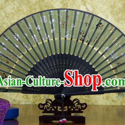 Traditional Chinese Handmade Crafts Two-segment Folding Fan, China Printing Rose Flowers Sensu Atrovirens Silk Fan Hanfu Fans for Women