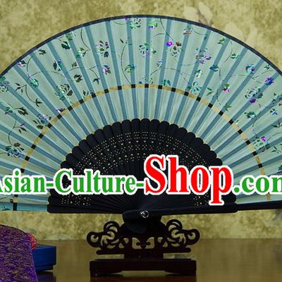 Traditional Chinese Handmade Crafts Two-segment Folding Fan, China Printing Rose Flowers Sensu Light Blue Silk Fan Hanfu Fans for Women