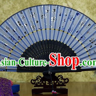 Traditional Chinese Handmade Crafts Two-segment Folding Fan, China Printing Rose Flowers Sensu Blue Silk Fan Hanfu Fans for Women