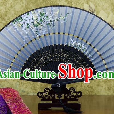 Traditional Chinese Handmade Crafts Two-segment Folding Fan, China Printing Flowers Sensu Blue Silk Fan Hanfu Fans for Women