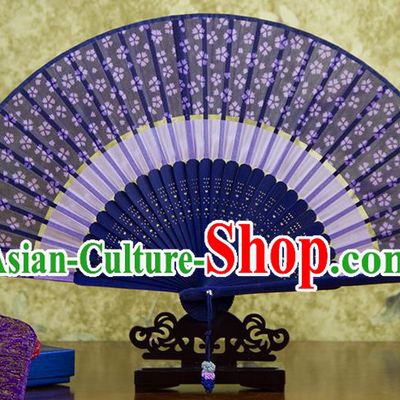 Traditional Chinese Handmade Crafts Two-segment Folding Fan, China Printing Flowers Sensu Purple Silk Fan Hanfu Fans for Women