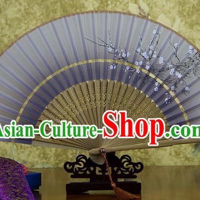 Traditional Chinese Handmade Crafts Two-segment Folding Fan, China Printing Plum Blossom Sensu Light Purple Silk Fan Hanfu Fans for Women