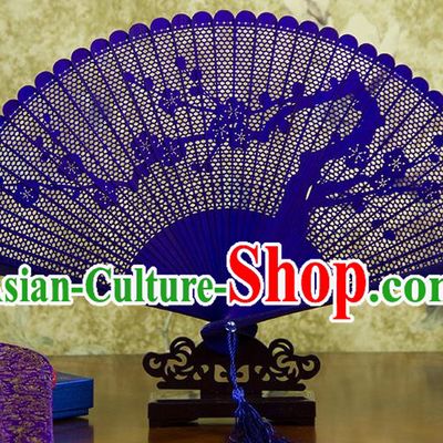 Traditional Chinese Handmade Crafts Bamboo Carving Folding Fan, China Classical Plum Blossom Sensu Hollow Out Wood Purple Fan Hanfu Fans for Women