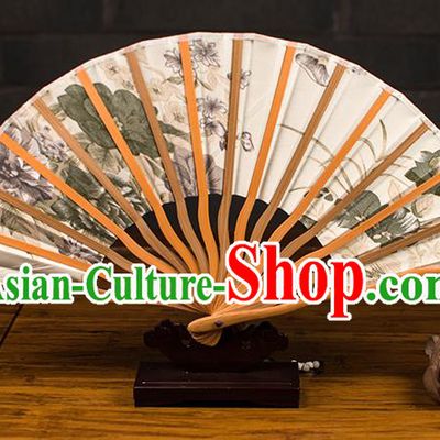 Traditional Chinese Handmade Crafts Folding Fan, China Printing Summer Lotus Sensu Silk Fan Hanfu Fans for Women