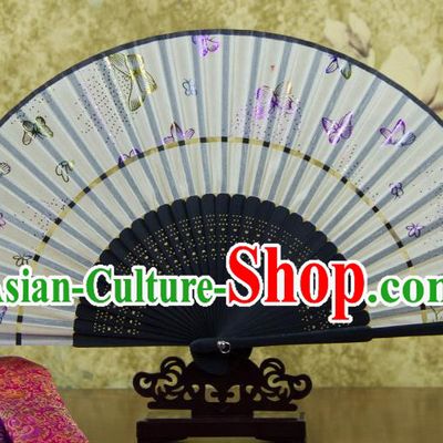 Traditional Chinese Handmade Crafts Two-segment Folding Fan, China Printing Butterfly Sensu Silk Fan Hanfu Fans for Women
