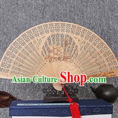 Traditional Chinese Handmade Crafts Sandalwood Folding Fan, China Classical Butterfly Flower Sensu Hollow Out Wood Fan Hanfu Fans for Women
