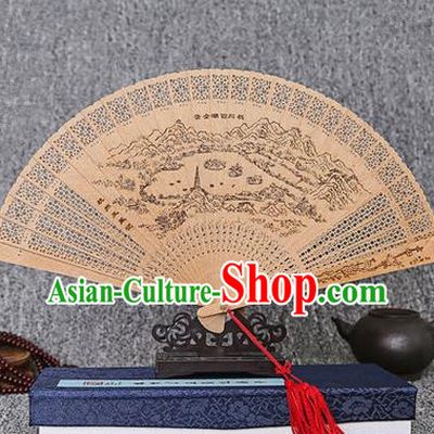Traditional Chinese Handmade Crafts Sandalwood Folding Fan, China Classical West Lake Scenery Sensu Hollow Out Wood Fan Hanfu Fans for Women