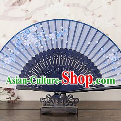 Traditional Chinese Handmade Crafts Bamboo Rib Folding Fan, China Classical Printing Peach Flowers Sensu Blue Silk Fan Hanfu Fans for Women