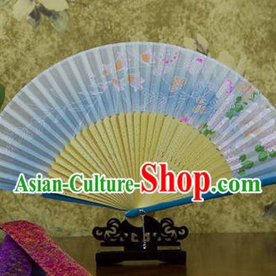 Traditional Chinese Handmade Crafts Bamboo Rib Folding Fan, China Classical Printing Butterfly Sensu Gradient Blue Silk Fan Hanfu Fans for Women
