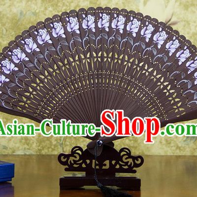 Traditional Chinese Handmade Crafts Bamboo Carving Folding Fan, China Classical Printing Flowers Sensu Hollow Out Wood Coffee Fan Hanfu Fans for Women