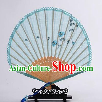 Traditional Chinese Handmade Crafts Hand Painting Flower Folding Fan, China Classical Linen Sensu Sunflower-type Light Blue Fan Hanfu Fans for Women