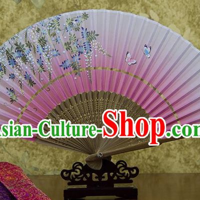 Traditional Chinese Handmade Crafts Hand Painting Butterfly Flowers Folding Fan, China Classical Pink Sensu Silk Fan Hanfu Fans for Women