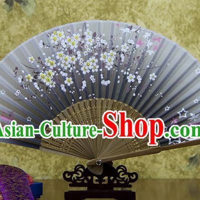 Traditional Chinese Handmade Crafts Hand Painting Flowers Folding Fan, China Classical Oriental Cherry Sensu Grey Silk Fan Hanfu Fans for Women