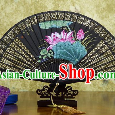 Traditional Chinese Handmade Crafts Ebomy Folding Fan, China Classical Hand Painting Lotus Sensu Hollow Out Fan Hanfu Fans for Women