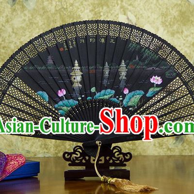 Traditional Chinese Handmade Crafts Ebomy Folding Fan, China Classical Hand Painting West Lake Lotus Sensu Hollow Out Fan Hanfu Fans for Women