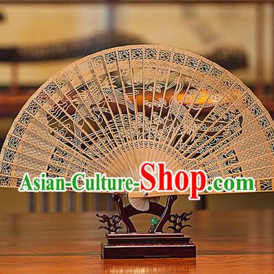 Traditional Chinese Handmade Crafts India Sandalwood Folding Fan Collectibles, China Classical Hollow out Sensu Cranes Fan Hanfu Fans for Women