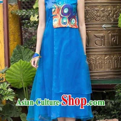 Traditional Chinese Costume Elegant Hanfu Printing Dress, China Tang Suit Plated Buttons Cheongsam Blue Qipao Dress Clothing for Women