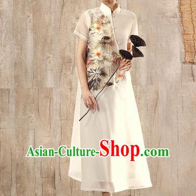Traditional Chinese Costume Elegant Hanfu Printing Lotus Silk Dress, China Tang Suit Plated Buttons Cheongsam Beige Qipao Dress Clothing for Women