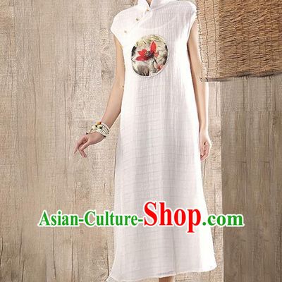 Traditional Chinese Costume Elegant Hanfu Printing Lotus Linen Dress, China Tang Suit Plated Buttons Cheongsam White Qipao Dress Clothing for Women