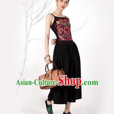 Traditional Chinese Costume Elegant Hanfu Embroidered Flowers Slip Dress, China Tang Suit Black Camisole Dress Clothing for Women
