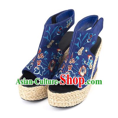 Traditional Chinese Shoes Wedding Shoes Embroidered Shoes Blue Slipsole Shoes Hanfu Shoes for Women