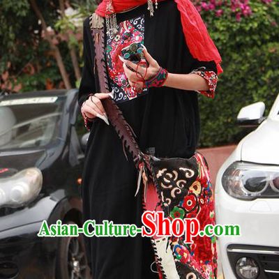 Traditional Chinese Costume Elegant Hanfu Embroidered Flowers Linen Dress, China Tang Suit Cheongsam Upper Outer Garment Qipao Black Dress Clothing for Women