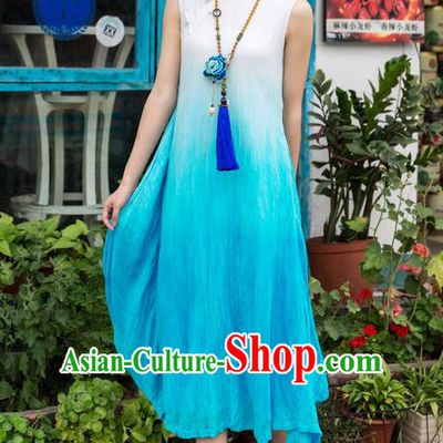 Traditional Chinese Costume Elegant Hanfu Blue Dress, China Tang Suit Linen Cheongsam Plated Buttons Qipao Dress Clothing for Women