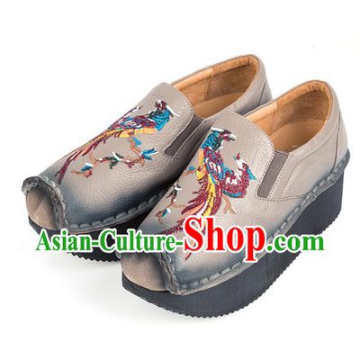 Traditional Chinese Shoes Embroidered Shoes Black Cow Leather Slipsole Shoes Hanfu Grey Shoes for Women