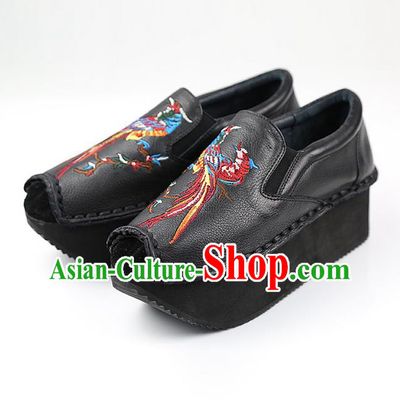 Traditional Chinese Shoes Embroidered Shoes Black Cow Leather Slipsole Shoes Hanfu Black Shoes for Women