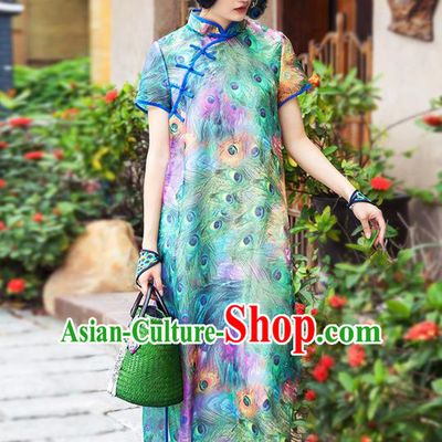 Traditional Chinese Costume Elegant Hanfu Printing Flowers Green Dress, China Tang Suit Cheongsam Silk Qipao Plated Buttons Dress Clothing for Women
