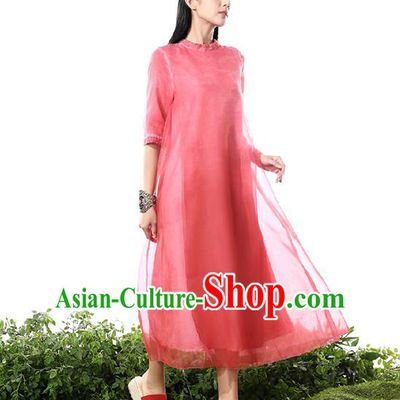 Traditional Chinese Costume Elegant Hanfu Printing Silk Dress, China Tang Suit Cheongsam Red Qipao Dress Clothing for Women