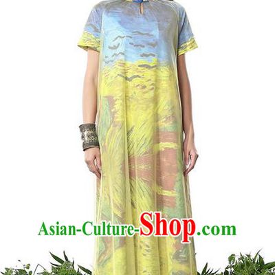 Traditional Chinese Costume Elegant Hanfu Printing Dress, China Tang Suit Plated Buttons Cheongsam Qipao Dress Clothing for Women