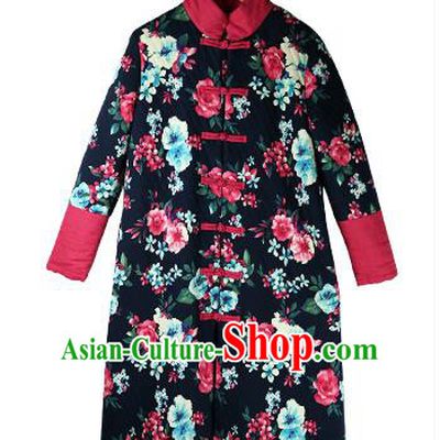Traditional Chinese Costume Elegant Hanfu Embroidered Flowers Coat, China Tang Suit Plated Buttons Navy Dust Coat Clothing for Women