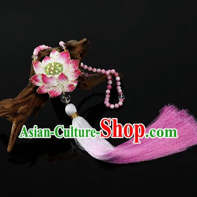 Traditional Chinese Accessories National Embroidered Lotus Necklace, China Pink Chalcedony Beads Tassel Necklet for Women