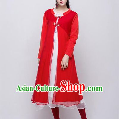 Traditional Chinese Costume Elegant Hanfu Long Coat, China Tang Suit Plated Buttons Red Dust Coat Cardigan Clothing for Women