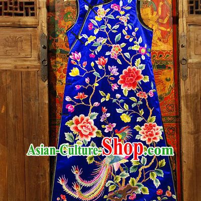 Traditional Chinese Costume Elegant Hanfu Embroidery Peony Phoenix Dress, China Tang Suit Plated Buttons Blue Cheongsam Silk Qipao Dress Clothing for Women
