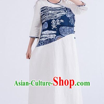 Traditional Chinese Costume Elegant Hanfu Printing Dress, China Tang Suit Linen Qipao Dress Clothing for Women