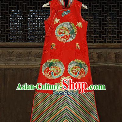 Traditional Chinese Costume Elegant Hanfu Printing Embroidery Phoenix Dress, China Tang Suit Plated Buttons Red Cheongsam Satin Qipao Dress Clothing for Women