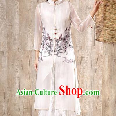 Traditional Chinese Costume Elegant Hanfu Printing Plum Blossom Cardigan, China Tang Suit Plated Buttons Silk Coat Clothing for Women
