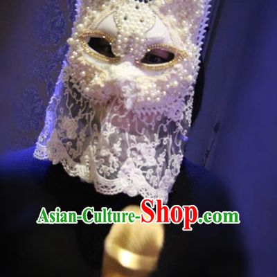 Top Grade Halloween Masquerade Accessories Pearls Mask, Brazilian Carnival White Lace Fox Mask Veil for Women